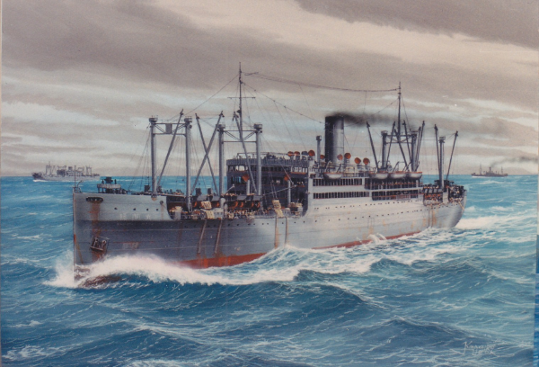 A large, early 20th-century passenger steamship with multiple smokestacks, sailing through rough ocean waves under a cloudy sky.