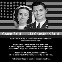 Black and white photo of a woman and man in military uniforms, with a background featuring the American flag. The woman is identified as Grace Britt, and the man as Lt Chester K Britt. Text describes their military service, death, and remembrance.