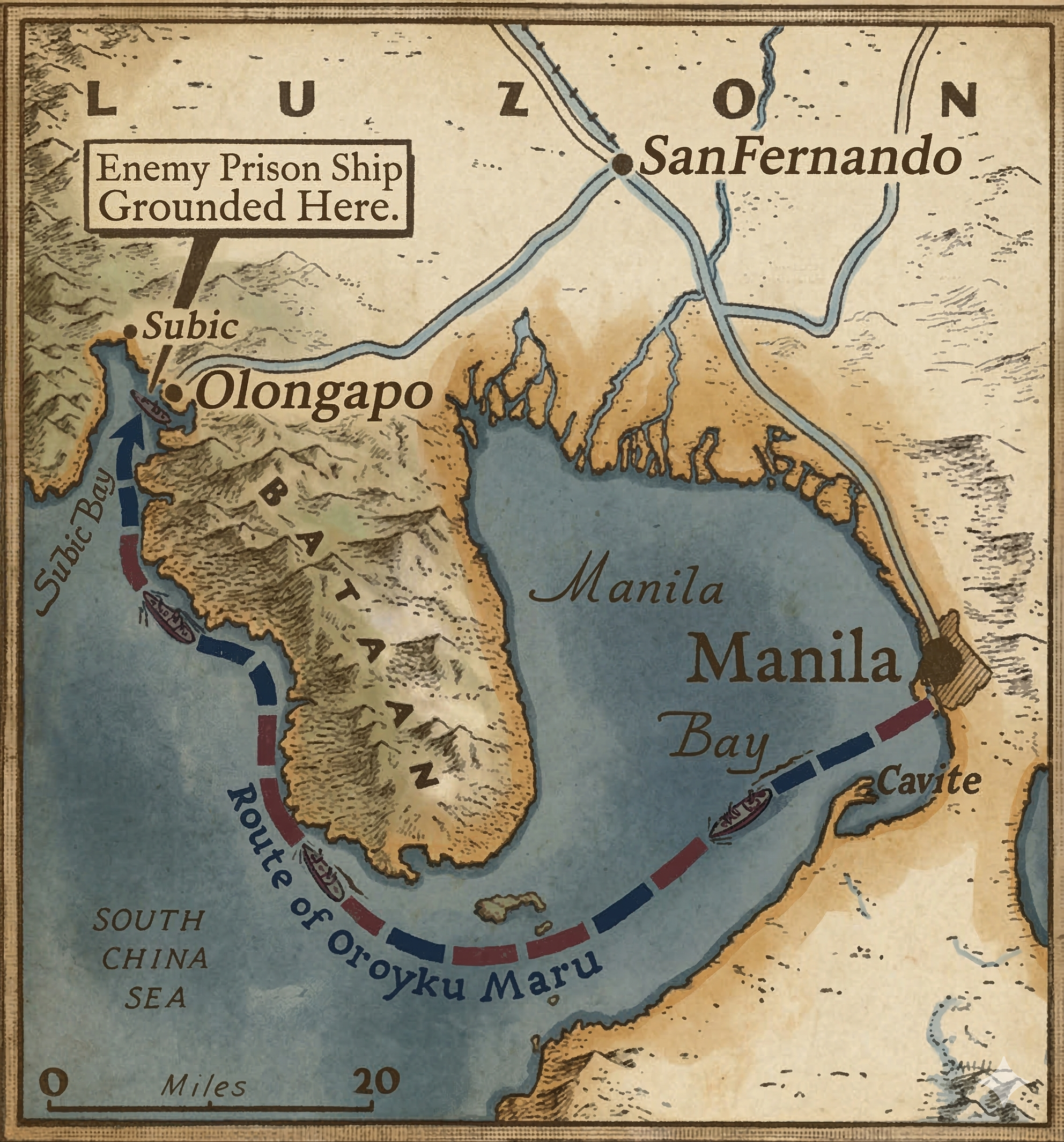 Map of Manila Bay in the Philippines showing the route of Spanish ships from Cavite to Omagapo, with places like Subic, San Fernando, and Olongapo, and indicating the grounding of an enemy prison ship.