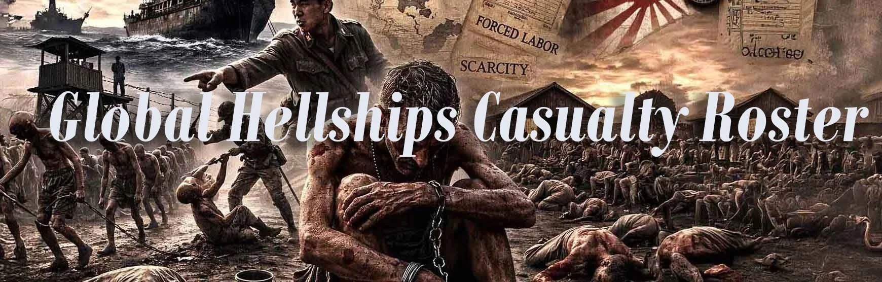 A digital collage depicting wartime scenes with soldiers, ships, and prisoners, overlaid with text reading 'Global Hellships Casualty Roster' and phrases such as 'Forced Labor' and 'Scarcity' on a background of a world map and war imagery.