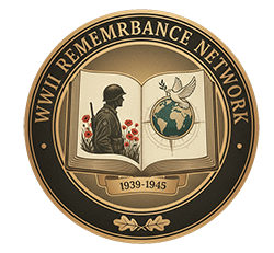 Emblem with WWII remembrance theme, featuring a soldier silhouette, poppies, and a globe, with the text 'WWII REMEMBRANCE NETWORK 1939-1945'.