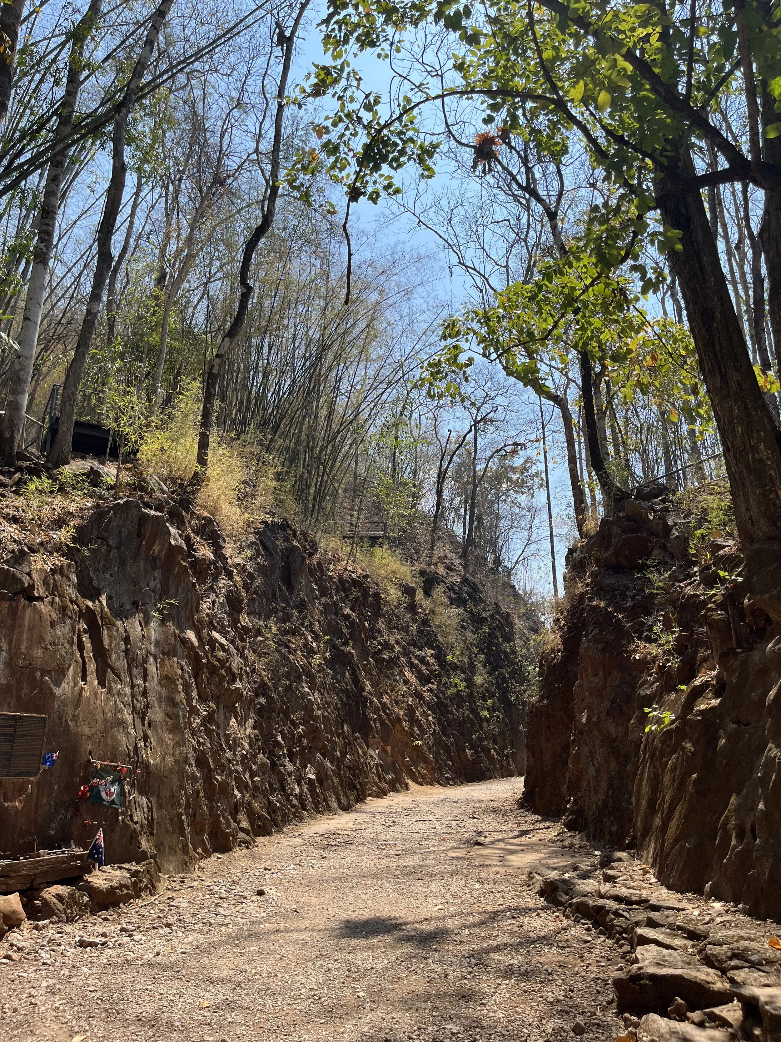 A dirt trail winding through a narrow canyon with rocky walls on both sides, surrounded by leafless and green trees under a blue sky.