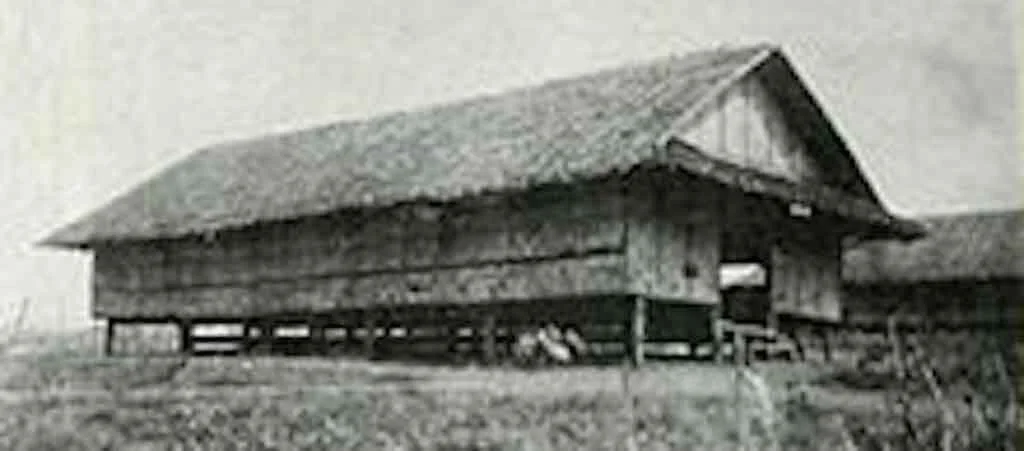 Black and white photo of a rustic wooden barn on stilts in a rural field.