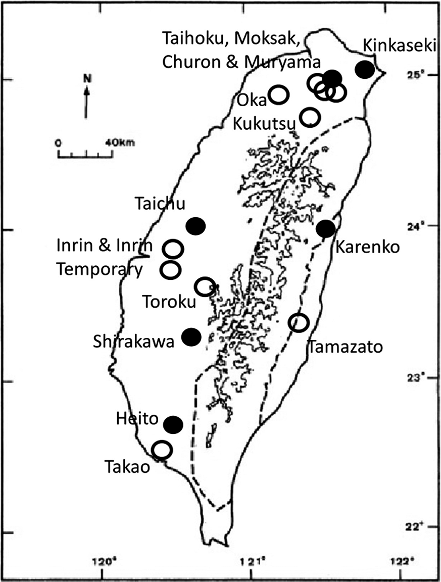 Map of Taiwan showing locations related to Taihoku, Moksak, Churon, Muryama, with markings on various sites including Kinkaseki, Oka, Kukutsu, Karaenko, Tamazato, Takao, Heito, Shirakawa, Toroku, Taichu, Inrin & Inrin Temporary.