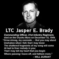 Black and white portrait of LTC Jasper E. Brady, army commander, with a quote and biography