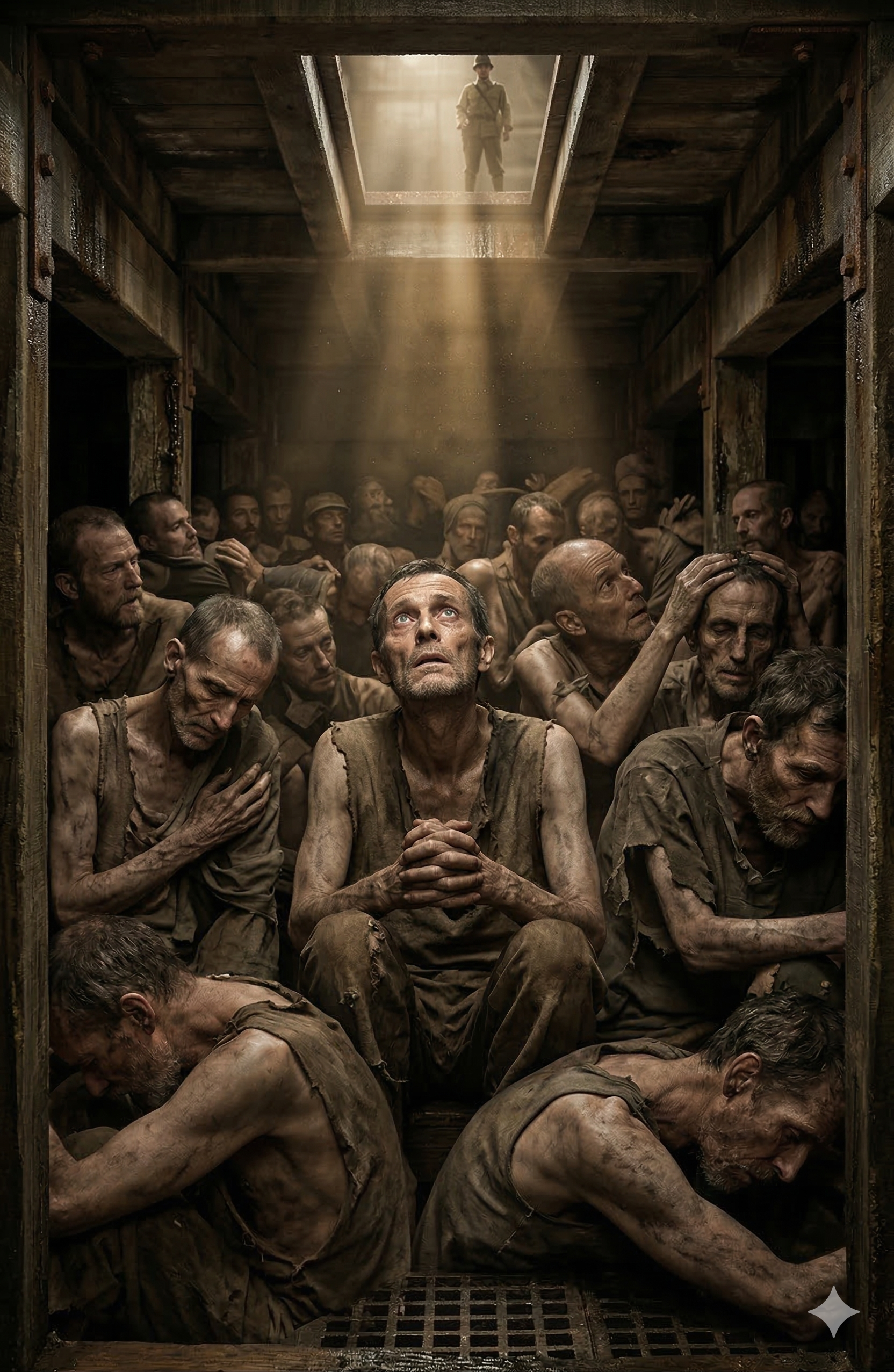 A group of emaciated prisoners sits in a dark, cramped room with dirt-covered skin and ragged clothing, looking upwards. Light beams illuminate their faces as a guard stands in an opening above.