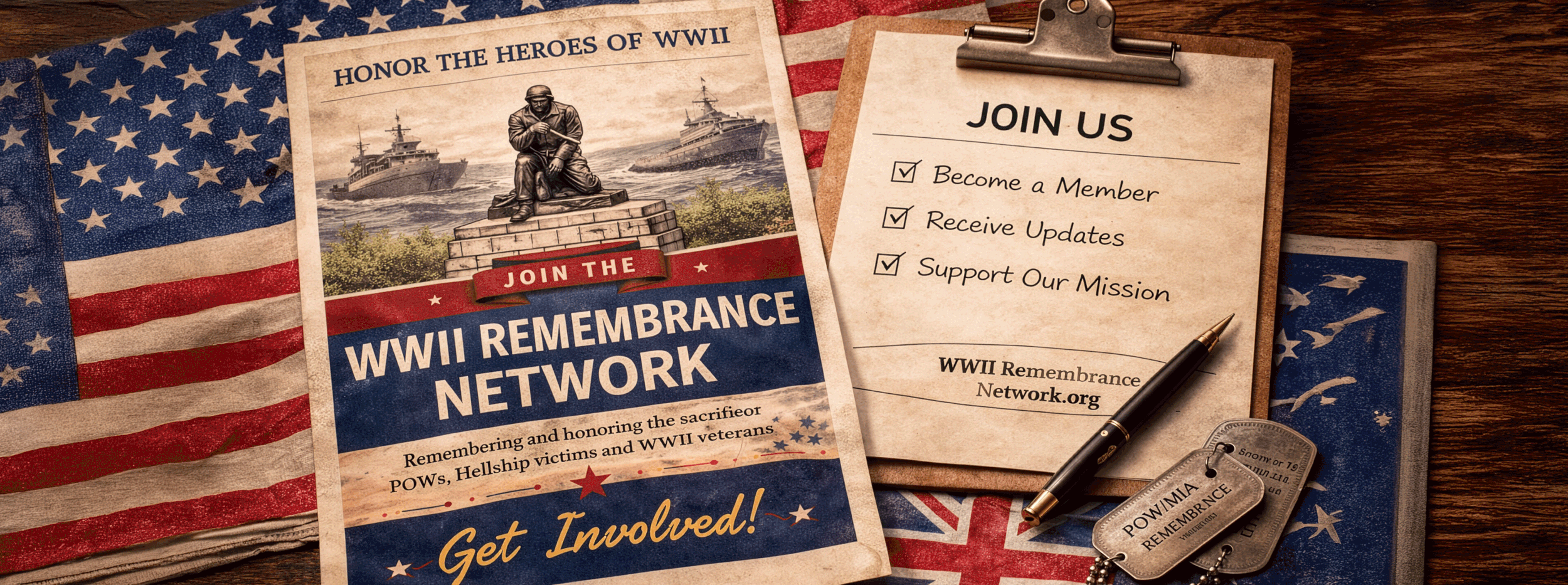A flyer for a WWII remembrance network with patriotic American themes. The flyer features a statue of a soldier, warships, and an American flag background. It includes a call to join the WWII Remembrance Network with a list to become a member, receive updates, and support the mission. There is also a clipboard with a sign-up sheet, a black pen, a military dog tag reading "POW/MIA REMEMBRANCE," and a deck of cards partially visible under the clipboard.