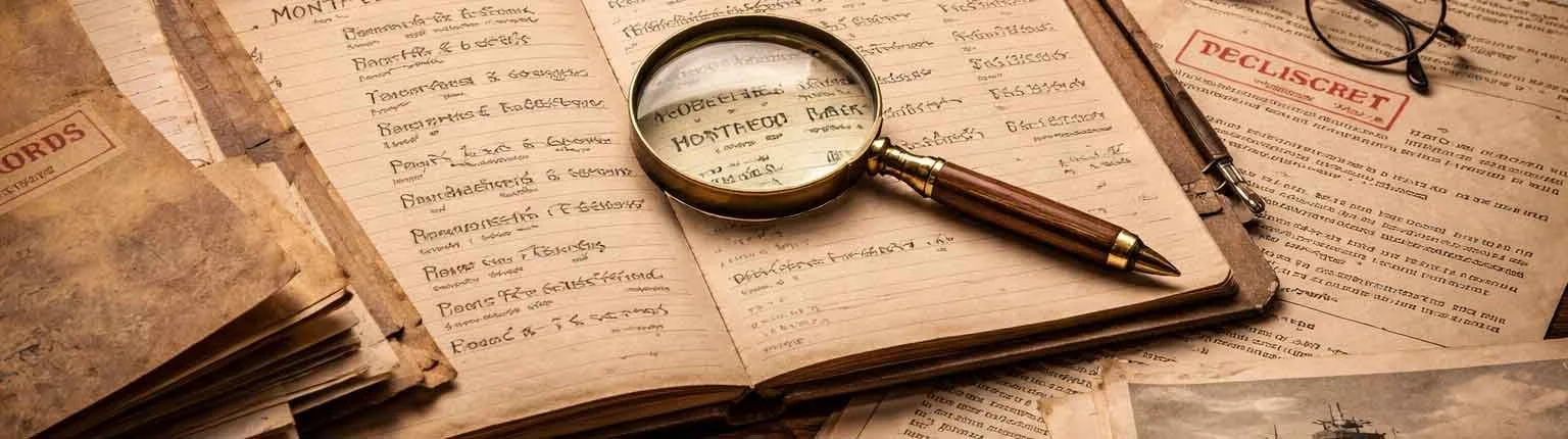 A desk with old, worn documents, a large magnifying glass, and reading glasses on top of a notebook, suggesting investigation or research.