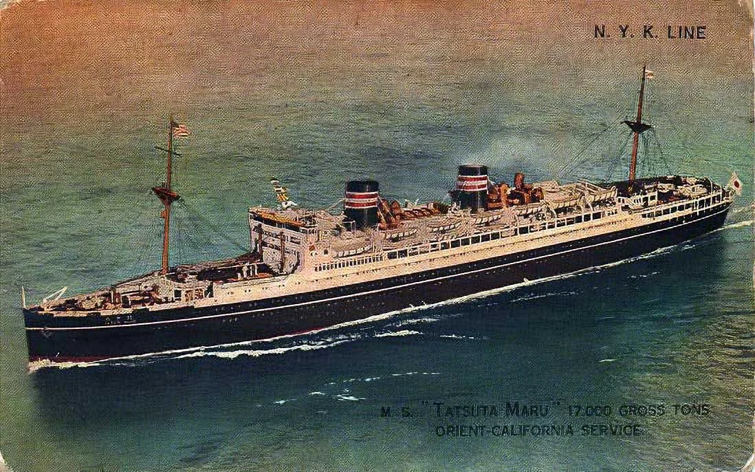 Vintage painting of the SS Tatsuta Maru steamship on the water, with two large smokestacks and masts, marked with N.Y.K. Line, sailing in the ocean.