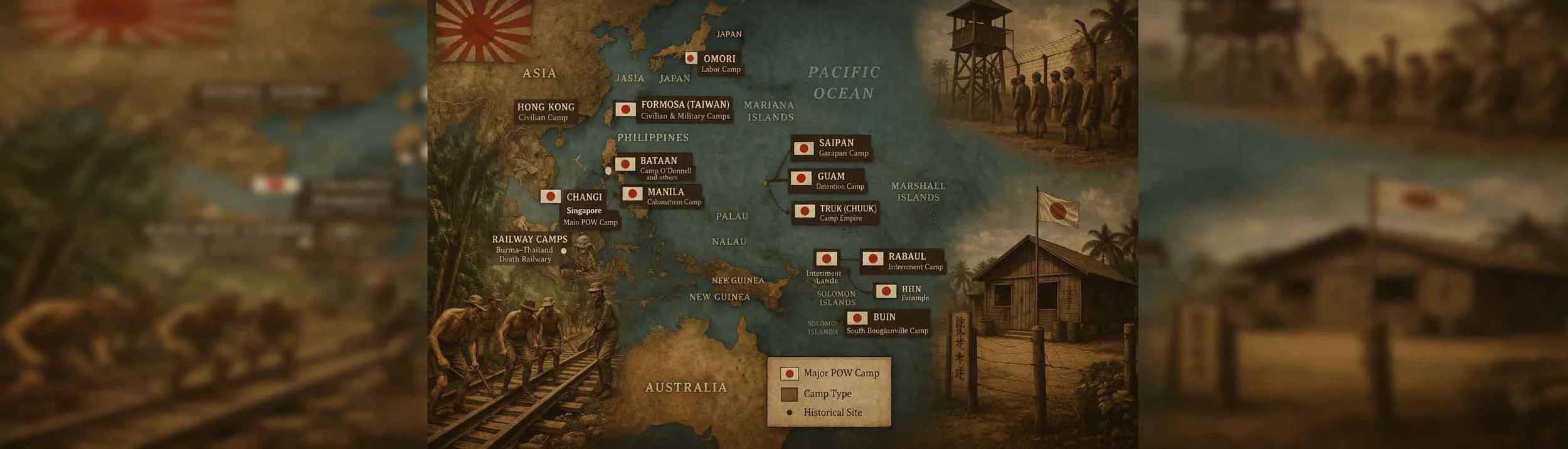 A historical map illustrating Japanese and Allied military camps across Asia and the Pacific during World War II, featuring locations such as Guam, Manila, and Singapore, with icons indicating camp types like Civilian, Military, and POW camps, and a background showing soldiers and a guard post.