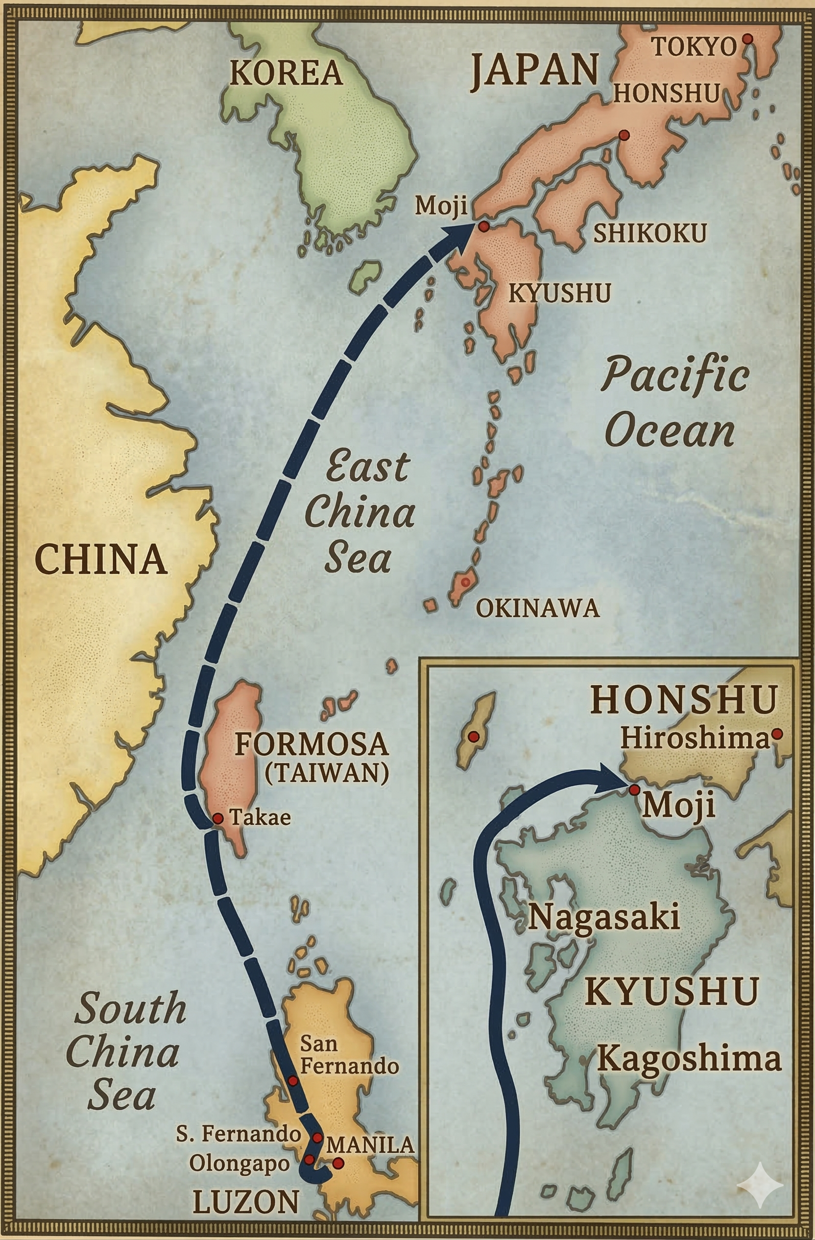 Map showing the route of a ship traveling from Luzon in the Philippines to Japan, passing through Formosa (Taiwan) and the East China Sea, with inset map of the Honshu region in Japan and connection to Hiroshima, Nagasaki, Kyushu, and Kagoshima.