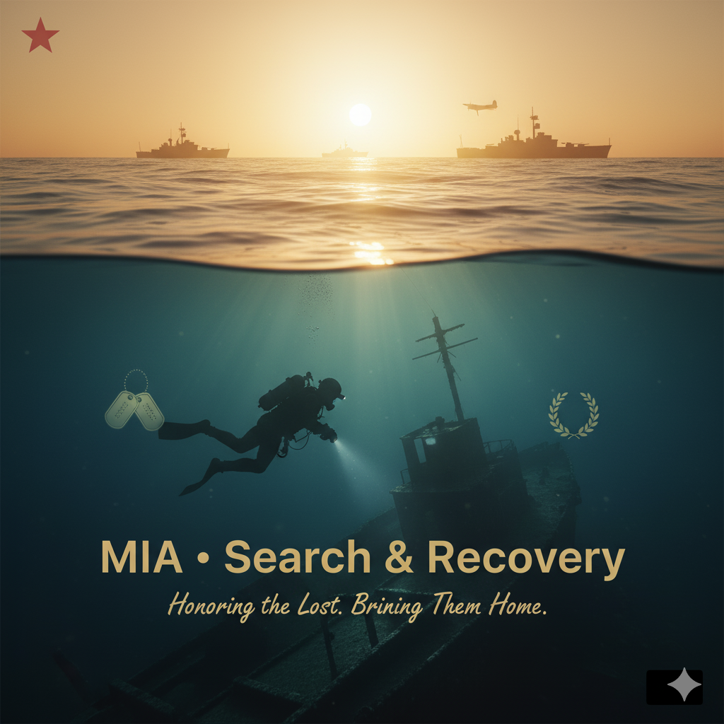 An underwater scene showing a diver exploring a sunken shipwreck at dusk, with a boat and military ships on the surface, and an airplane flying overhead. The text reads 'MIA Search & Recovery, Honoring the Lost. Bringing Them Home.'