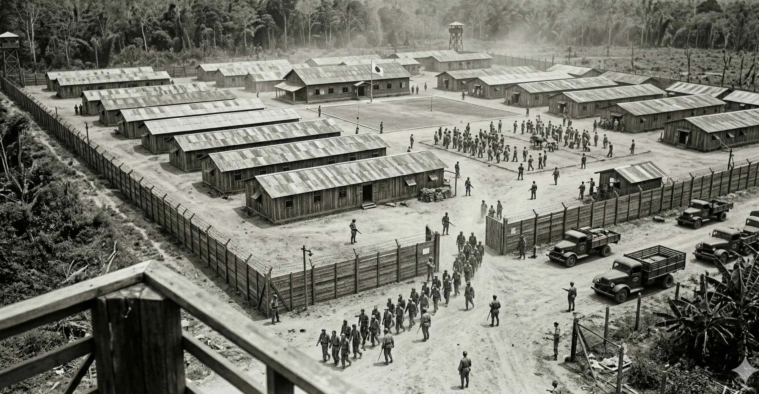 Black and white aerial photograph of a Japanese internment camp with multiple wooden barracks and watchtowers, surrounded by a tall fence; groups of people walking around and military trucks parked outside the fence.