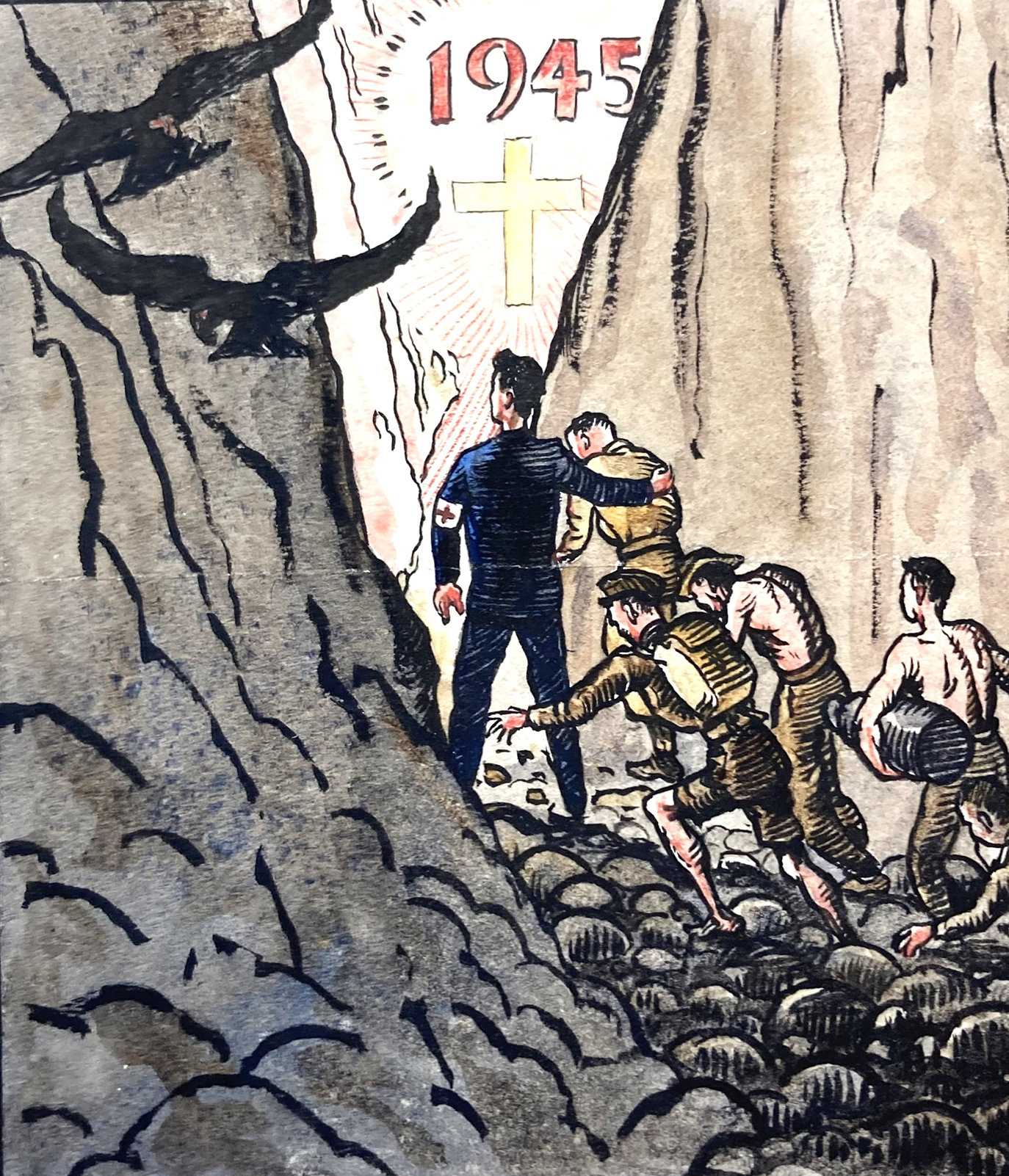 A watercolor painting depicting a group of men walking through a rocky, narrow passage, with one man guiding or helping the others. At the top, a bright cross and the year "1945" are illuminated, surrounded by rays of light. The scene suggests a religious or memorial context.