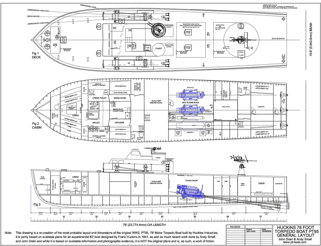 Blueprint of a 78-foot torpedo boat with detailed sections of the deck, cabin, and side views, including locations for engines, crew areas, and equipment.