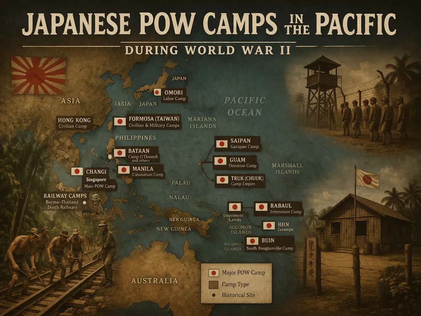 Map showing Japanese POW camps in the Pacific during World War II, including locations in Japan, Taiwan, the Philippines, and various Pacific Islands, with camp types and historical sites.