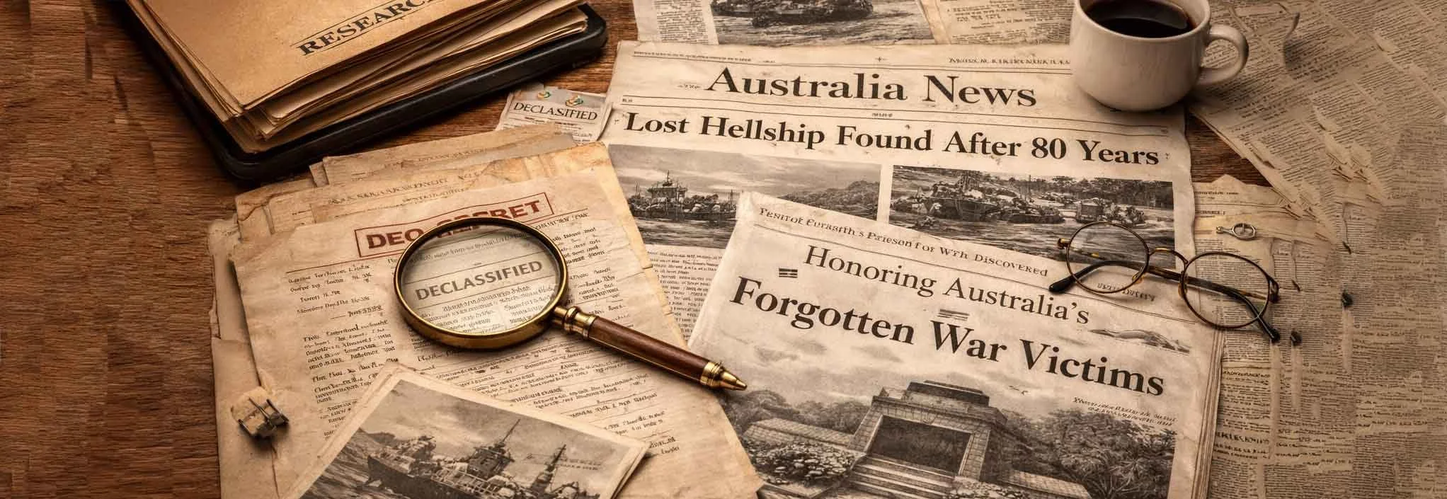 A cluttered desk with newspapers, documents, a magnifying glass, reading glasses, and a coffee mug.