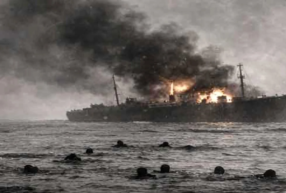 A ship on fire with black smoke billowing into the sky, seen from the water, with several silhouettes of people or objects in the foreground.