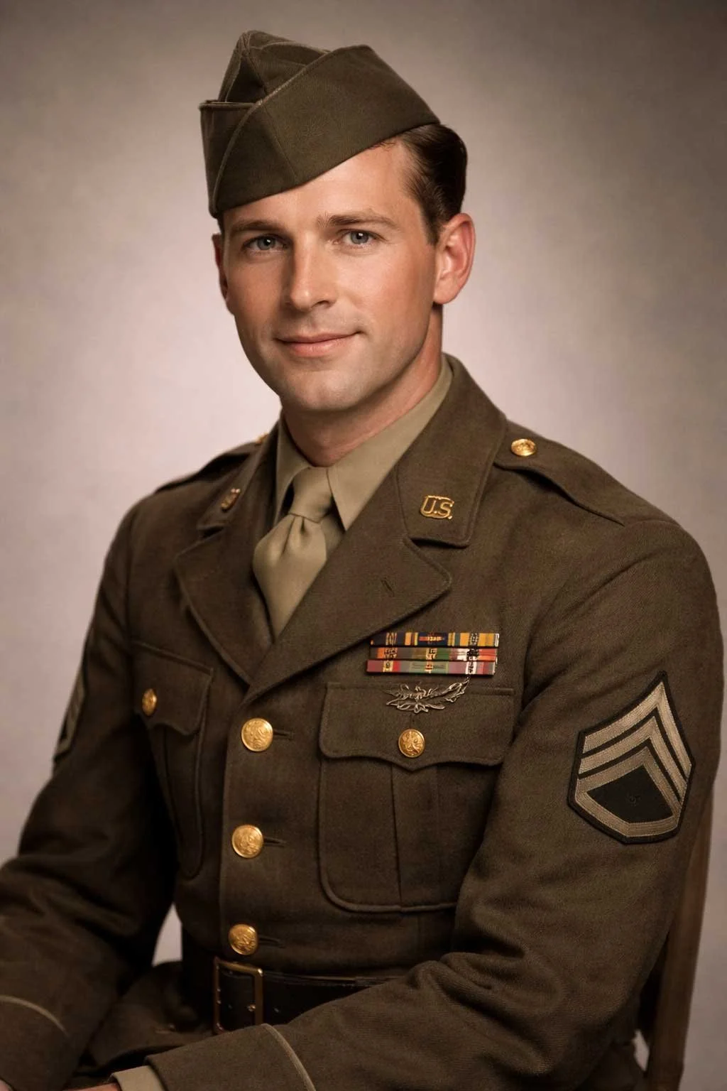 A man dressed in a United States Army military uniform with medals, rank insignia, and a pith helmet.