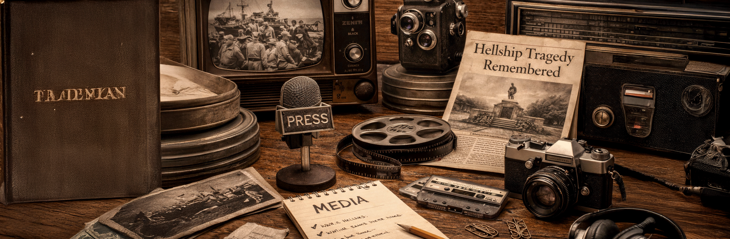 A vintage display of media and journalism items including an old camera, a microphone labeled PRESS, a 35mm film reel, a newspaper titled 'Hellship Tragedy Remembered', a notepad labeled MEDIA, a cassette tape, a pair of headphones, a camera, and an old television showing a black-and-white historical image.