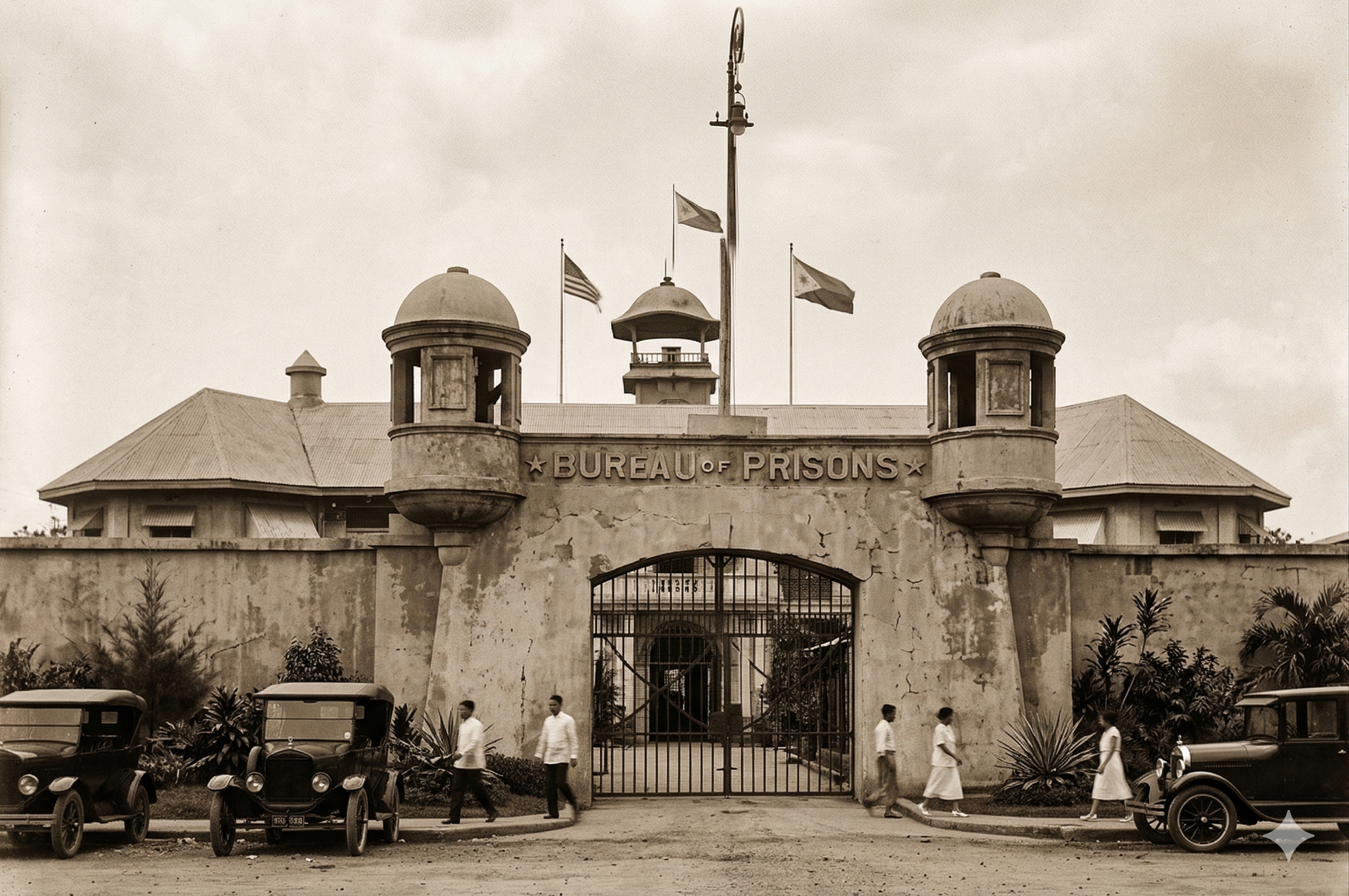 Sepia-toned photo of a historic prison building with a large gate, labeled 'BUREAU OF PRISONS', with small guard towers on top and flags flying on poles. Several vintage cars are parked in front, with people dressed in old-fashioned clothing walking nearby.