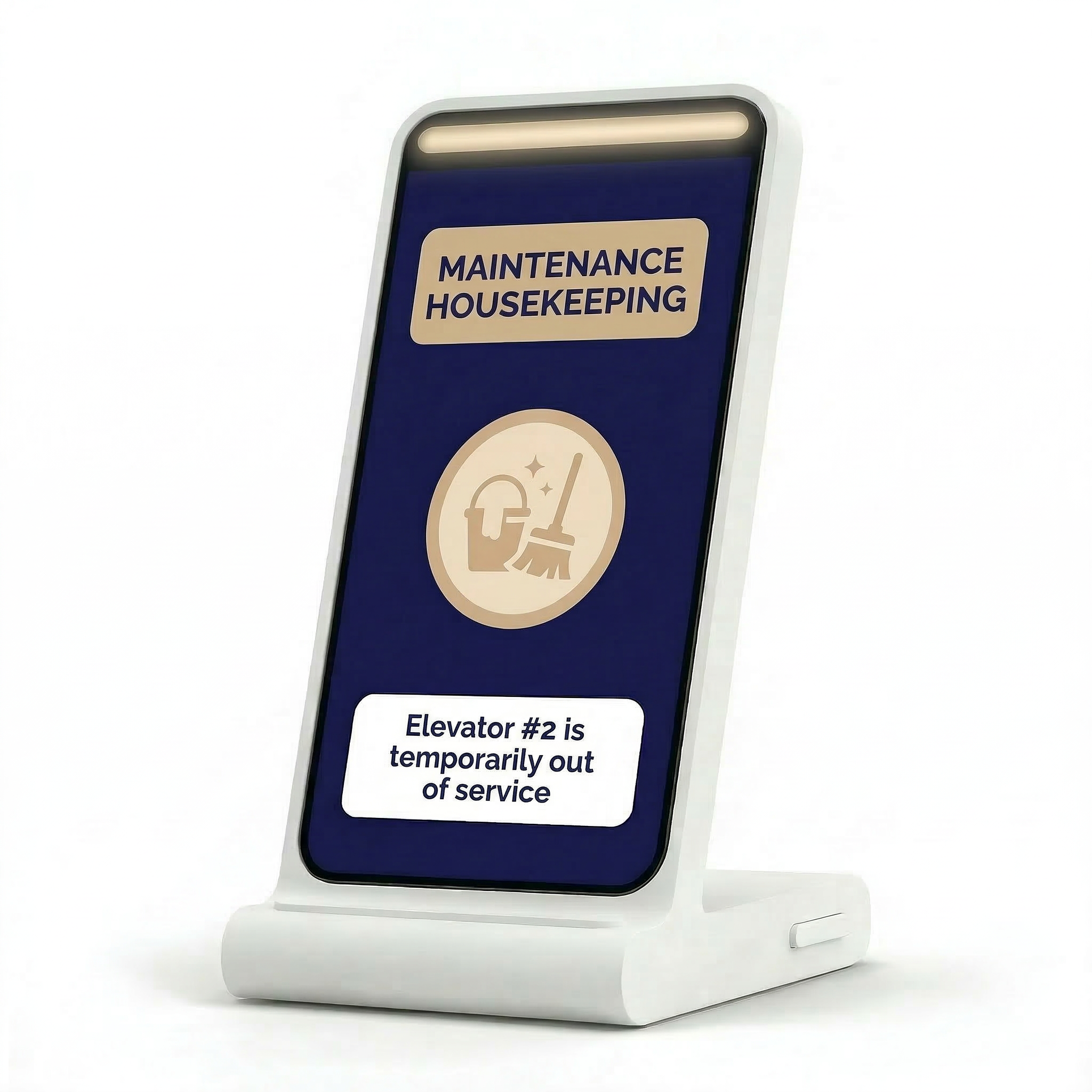 Smartphone display shows maintenance and housekeeping message with status update about elevator #2 being temporarily out of service.