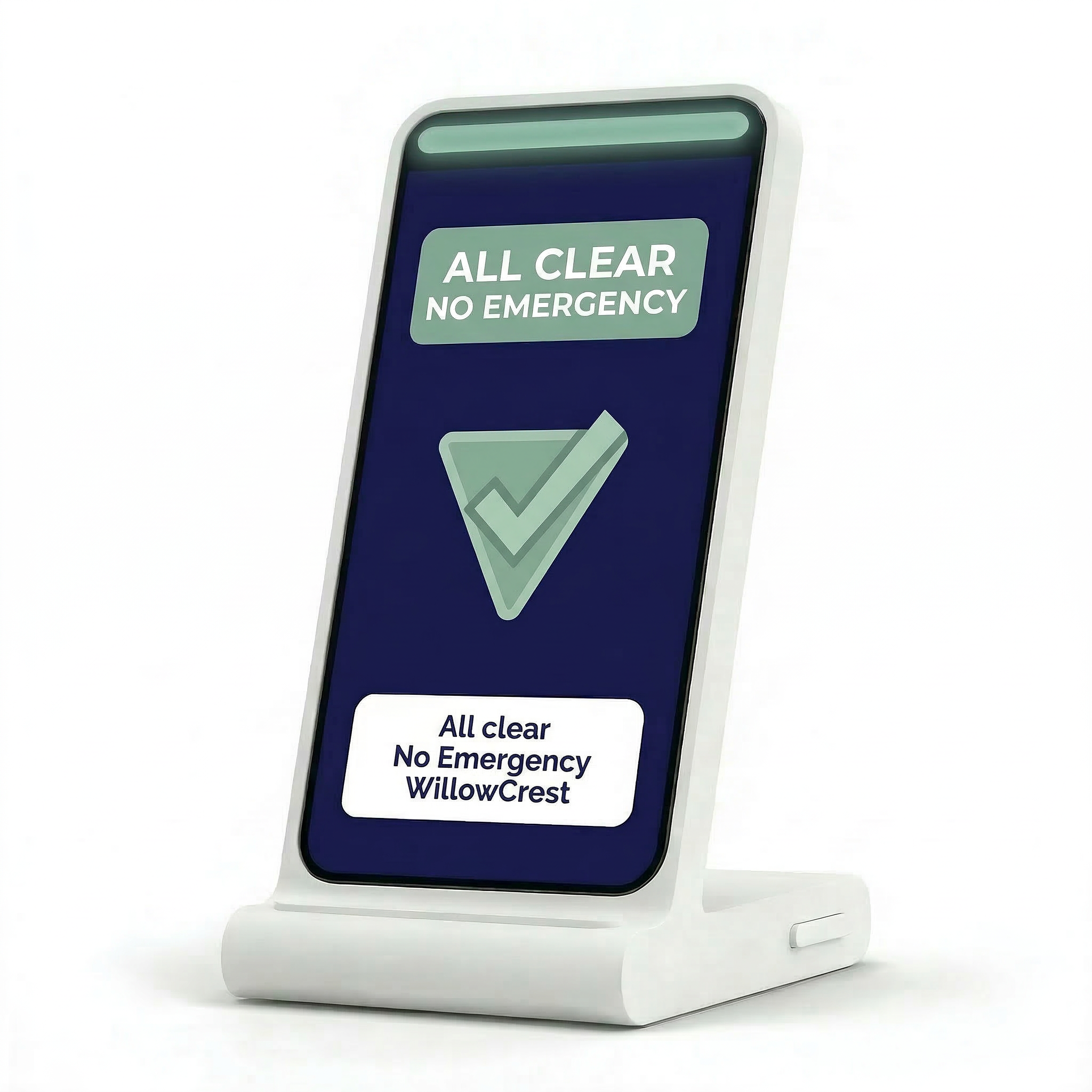 A digital sign displays a message indicating that the situation is clear with no emergency in WillowCrest, showing a green checkmark and the words 'ALL CLEAR NO EMERGENCY'.