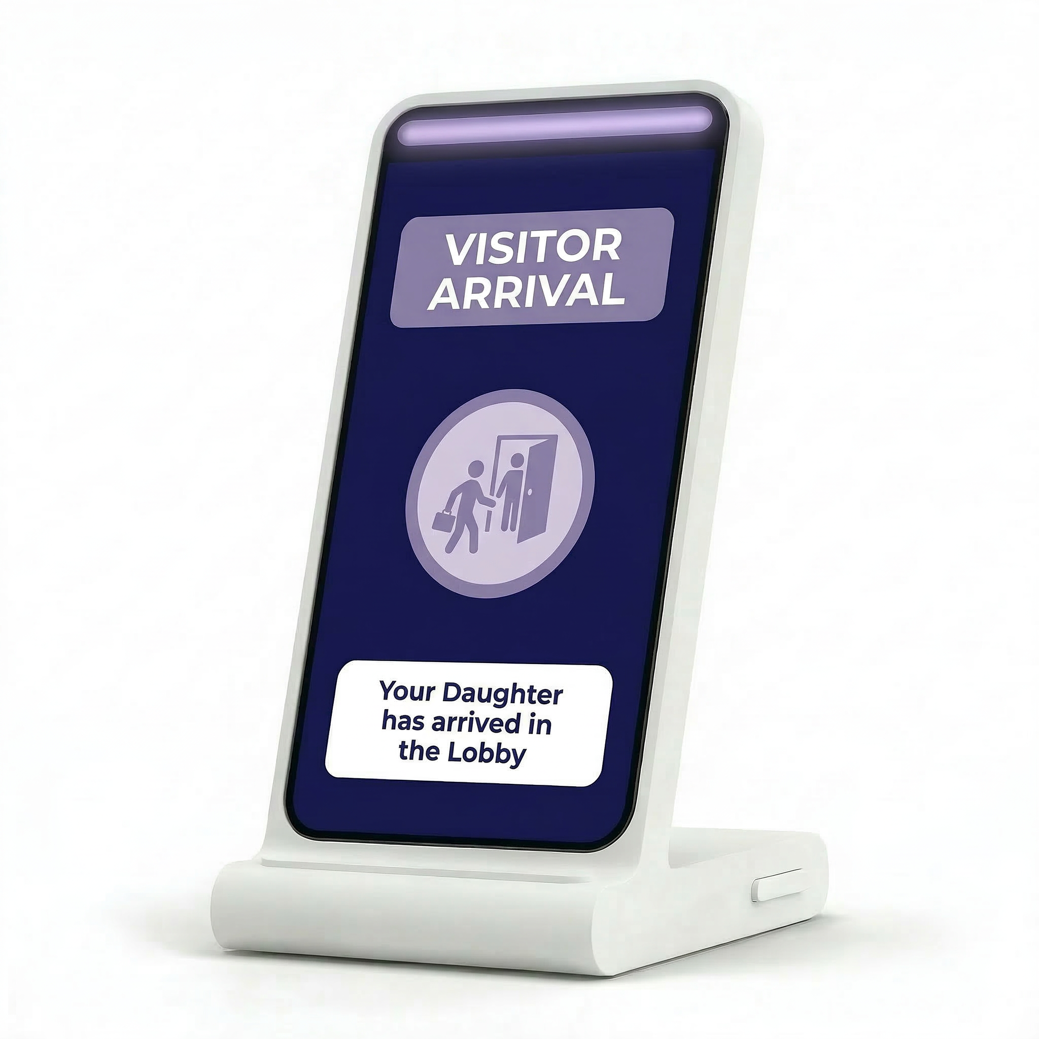 Digital sign with visitor arrival message displaying a figure walking with a suitcase and text stating, 'Your Daughter has arrived in the Lobby'.