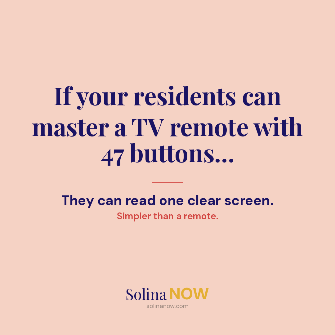 Advertisement for Solina NOW, highlighting the simplicity of reading a single screen with a TV remote with 47 buttons, compared to traditional remotes.