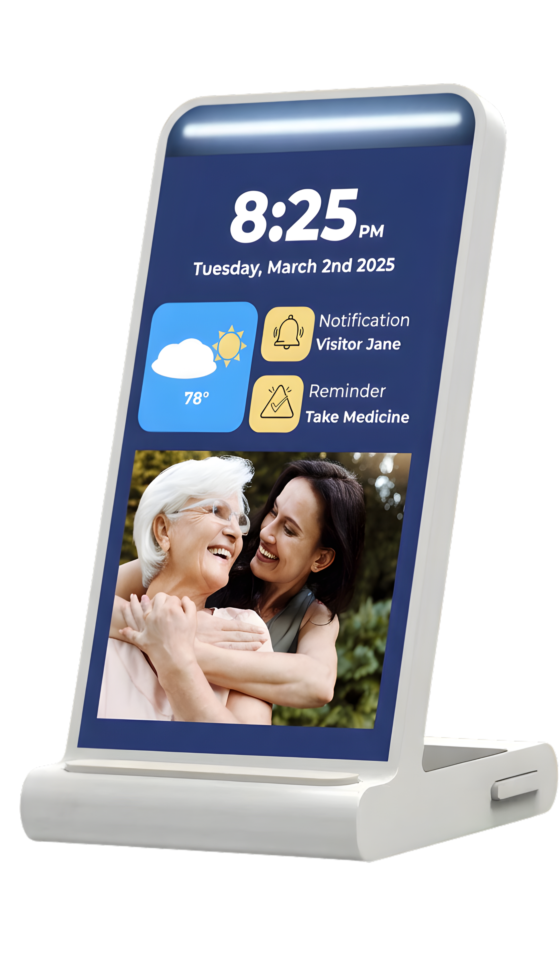 A digital information kiosk displaying the time 8:25 PM, date Tuesday, March 2nd, 2025, with weather forecast of 78 degrees and sunny, notification for visitor Jane, reminder to take medicine, and a photo of an elderly woman smiling and hugging a young woman outdoors.