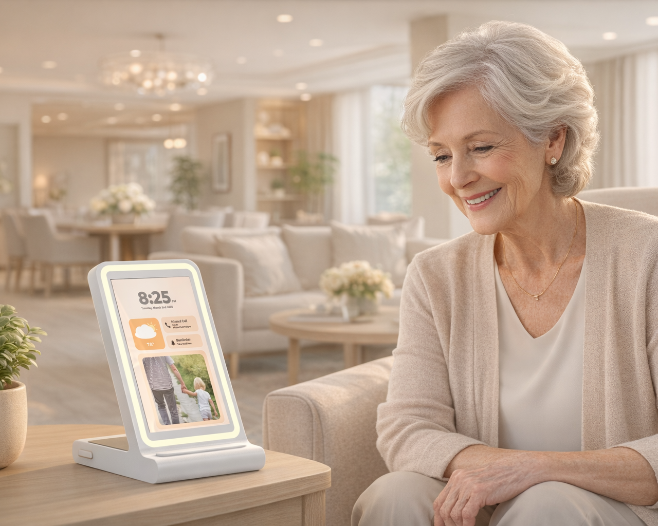 An elderly woman smiling in a bright, cozy living room next to a digital photo frame showing her holding hands with a child, the time indicating 8:25 AM.