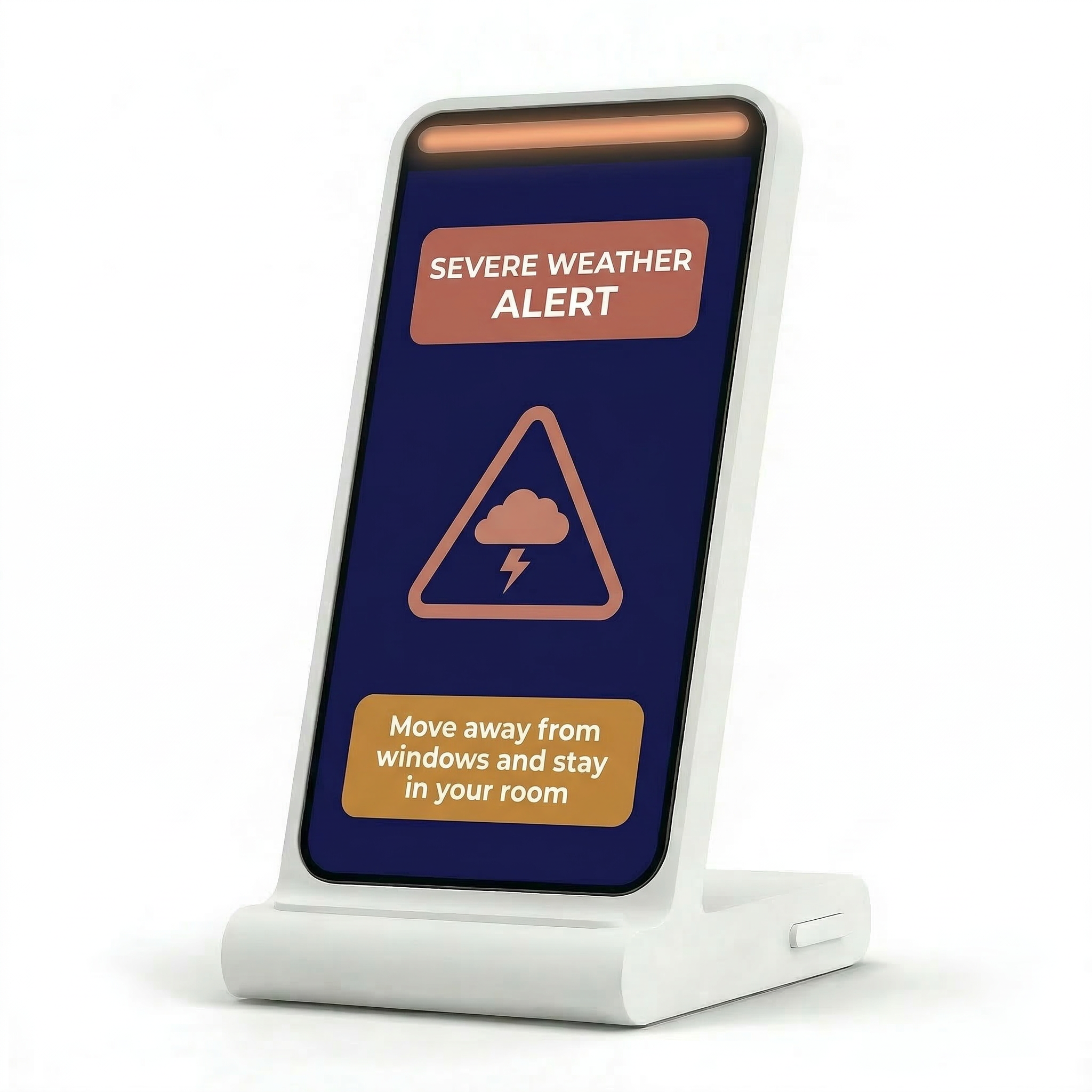 Smartphone displaying a severe weather alert with a thunderstorm icon, warning to move away from windows and stay indoors.