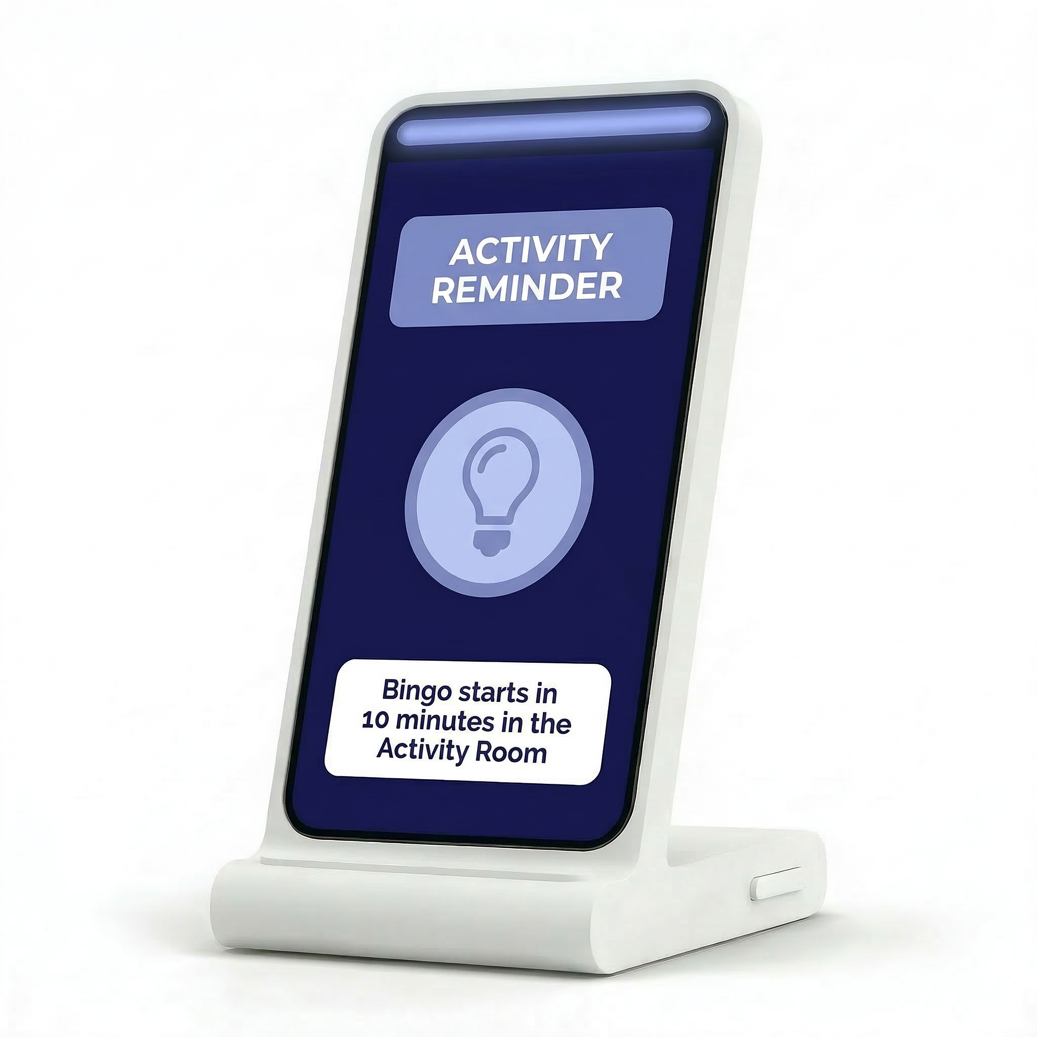 Smartphone displaying a reminder for an activity starting in 10 minutes in the activity room.