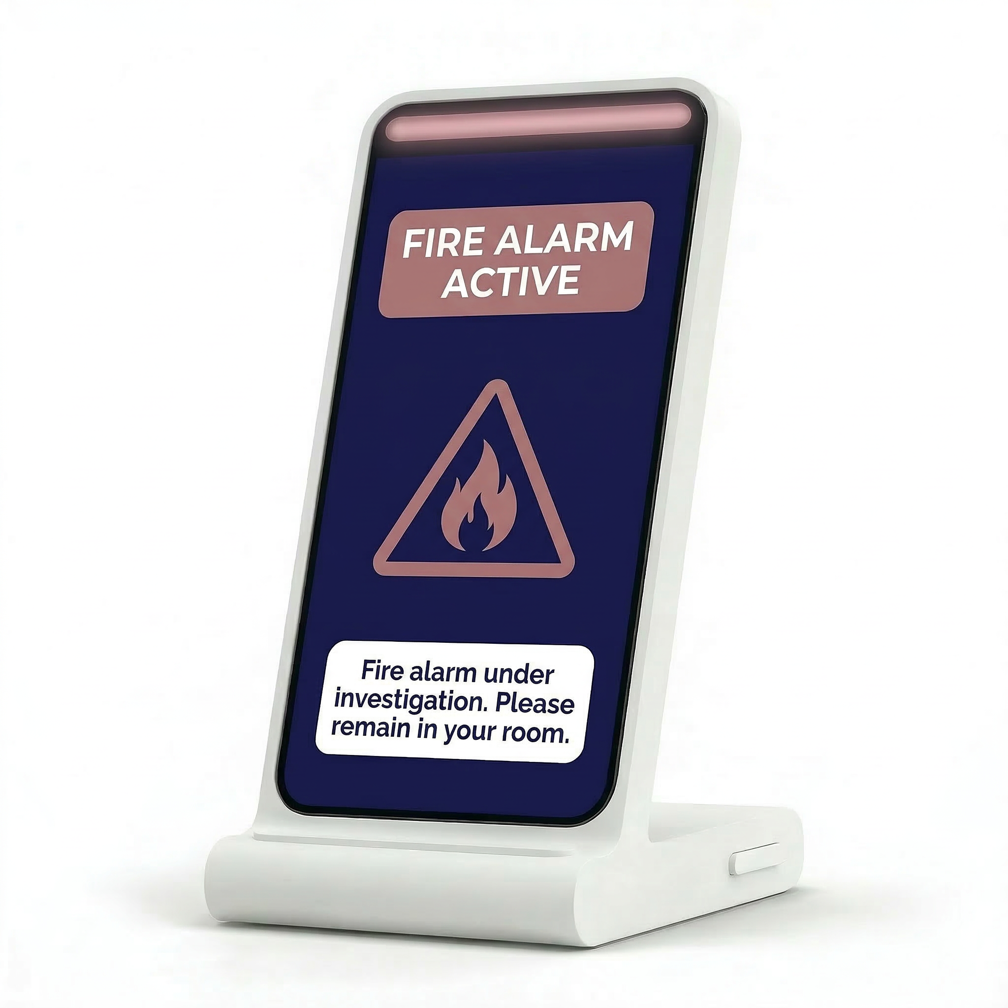 A digital fire alarm display on a smartphone screen showing an active fire alarm, a fire icon, and a message instructing to remain in the room during investigation.