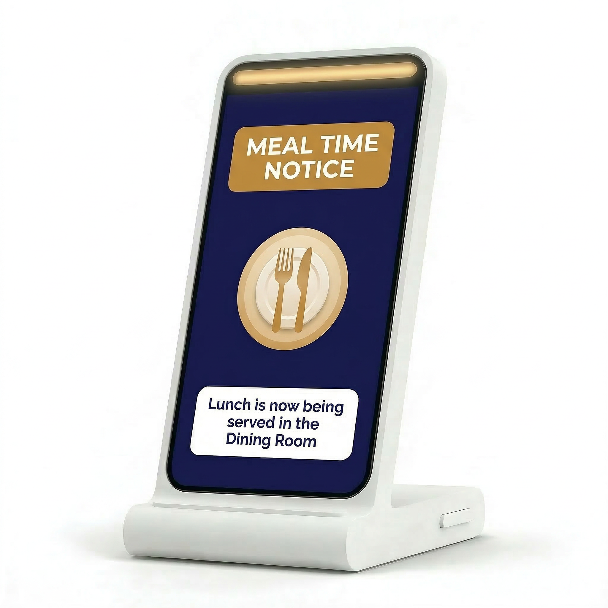 Digital signage displaying 'Meal Time Notice' with a fork and knife icon, and a message stating 'Lunch is now being served in the Dining Room'.