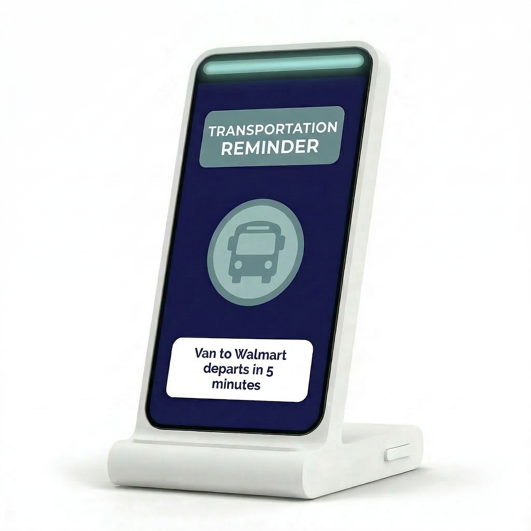 Smartphone with transportation reminder for van to Walmart departing in 5 minutes, displayed on a white stand