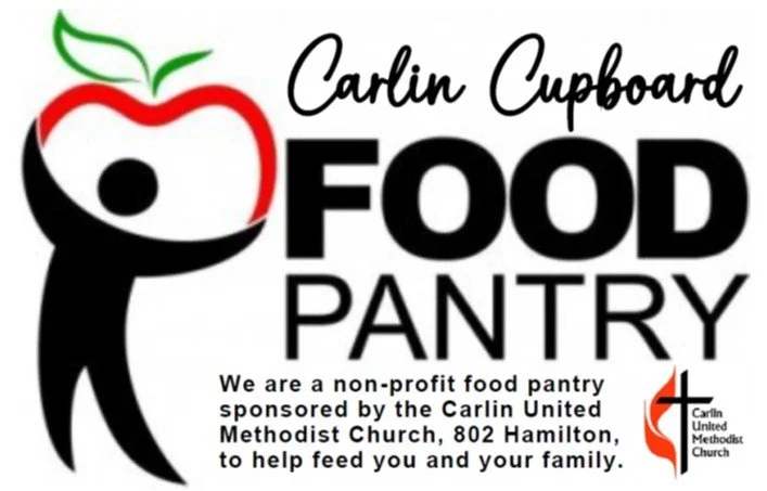 Logo for Carlin Cupboard Food Pantry, including a stylized person holding an apple, with text indicating it is a non-profit food pantry sponsored by Carlin United Methodist Church, located at 802 Hamilton.