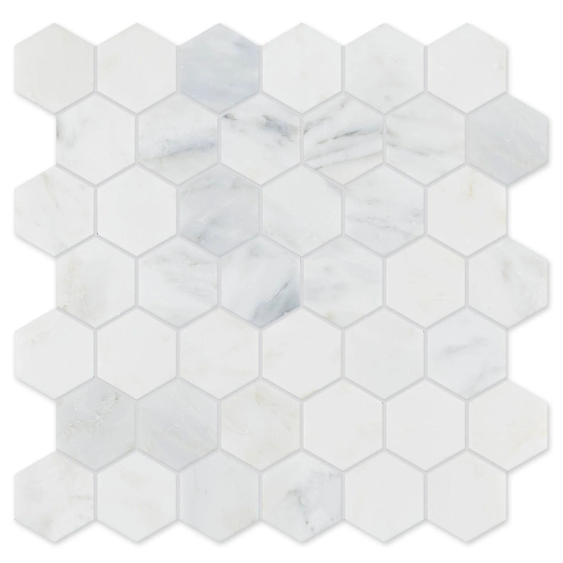 White marble hexagonal tile mosaic pattern with subtle gray veining.