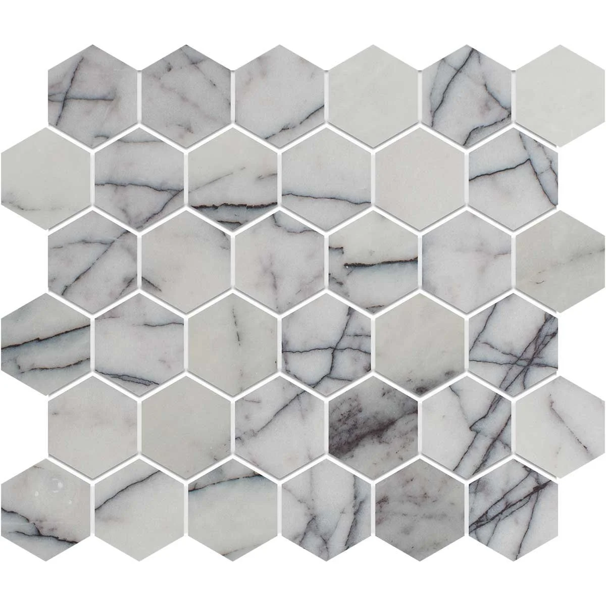 White hexagonal marble tiles with gray veining, arranged in a honeycomb pattern.