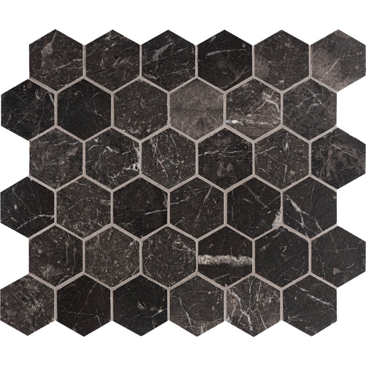 Collection of black marble hexagon tiles with white veining and grout lines