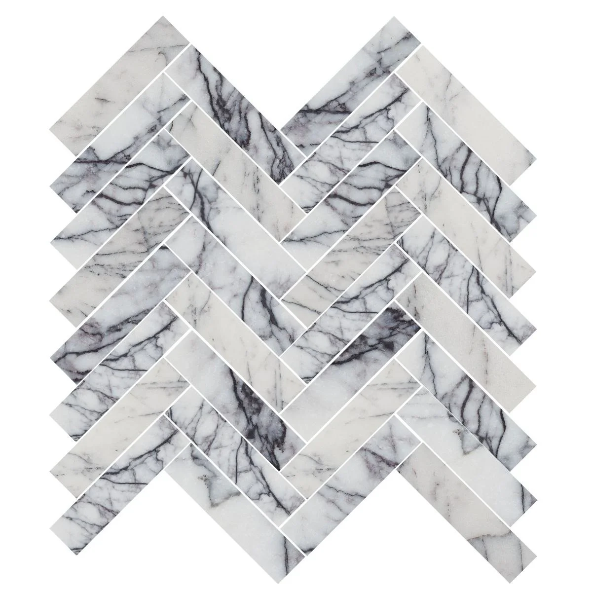 Marble tile mosaic arranged in a herringbone pattern.