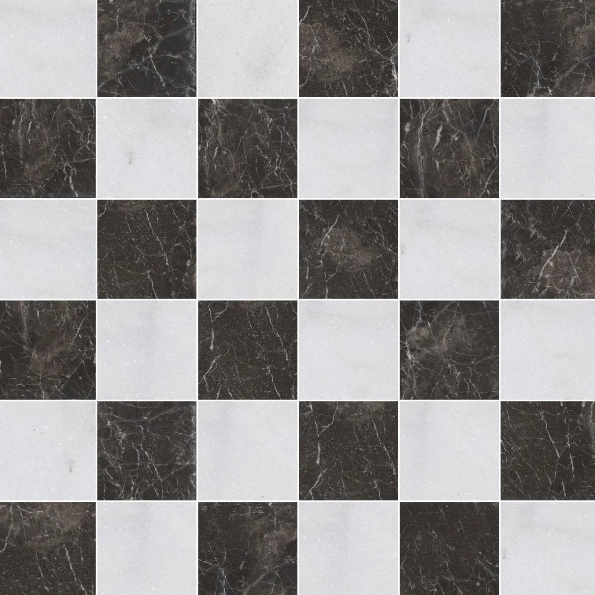 A checkered pattern of black and white marble tile floor.