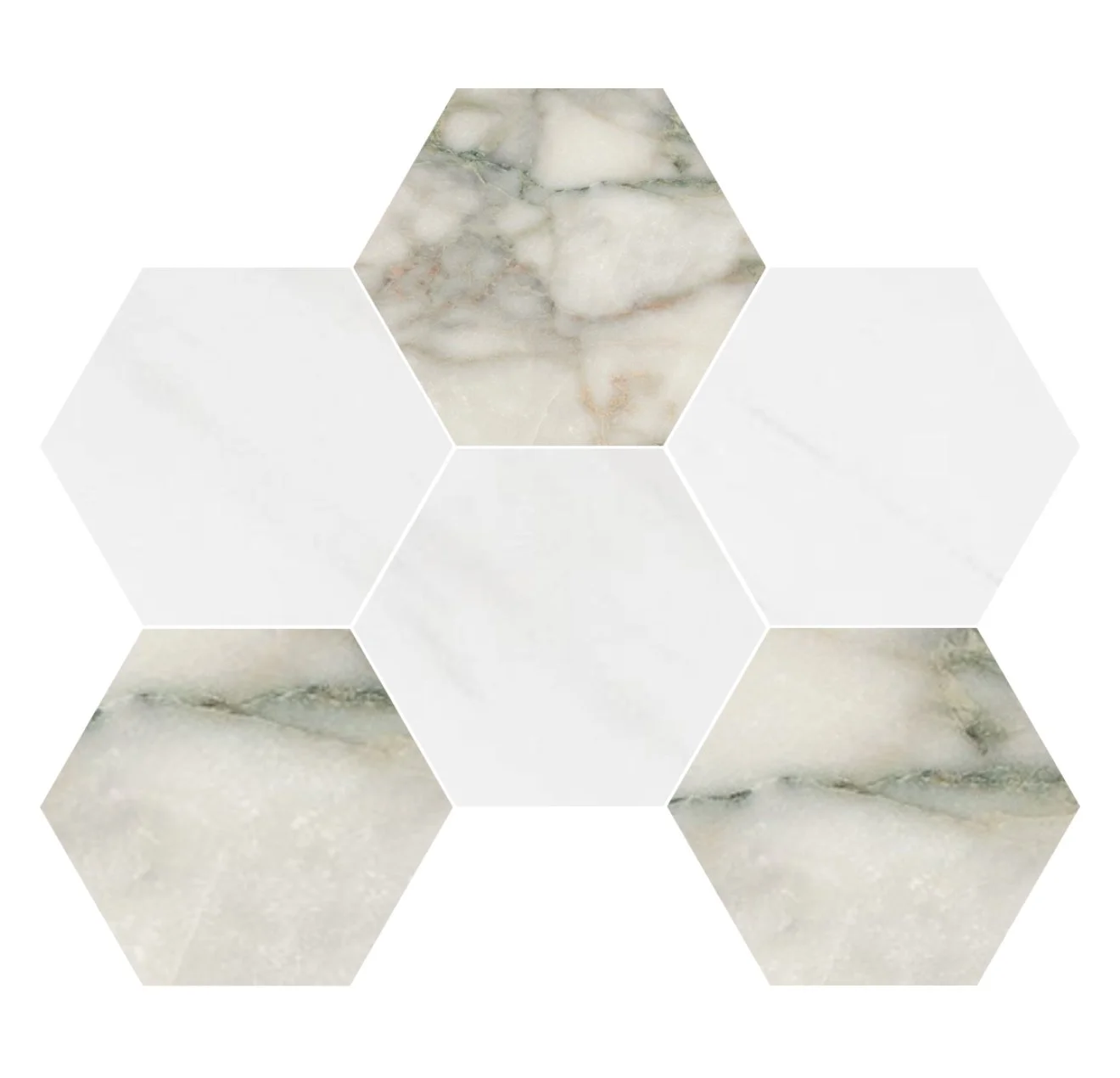 Screenshot of hexagonal tile pattern with marble textures in shades of white and gray.