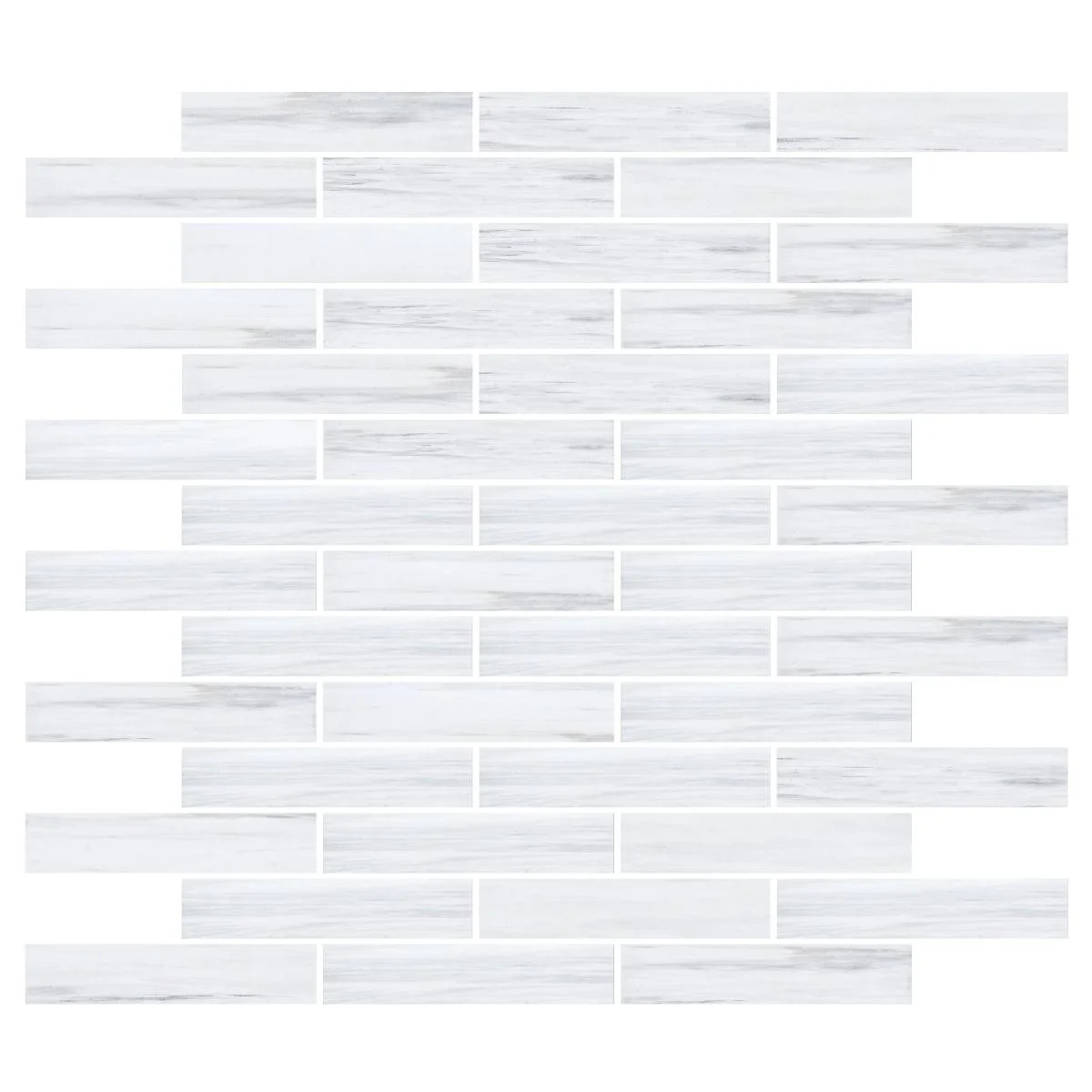 White marble subway tile pattern with horizontal layout and grout lines.