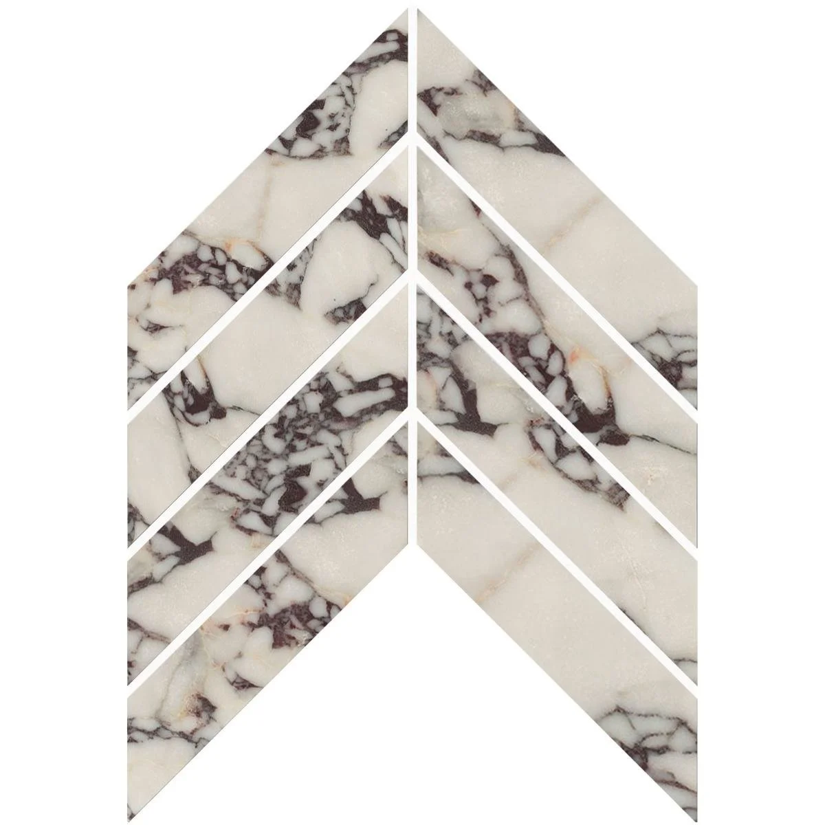 A pattern of white marble tiles with black and gray veining, arranged in a chevron pattern.