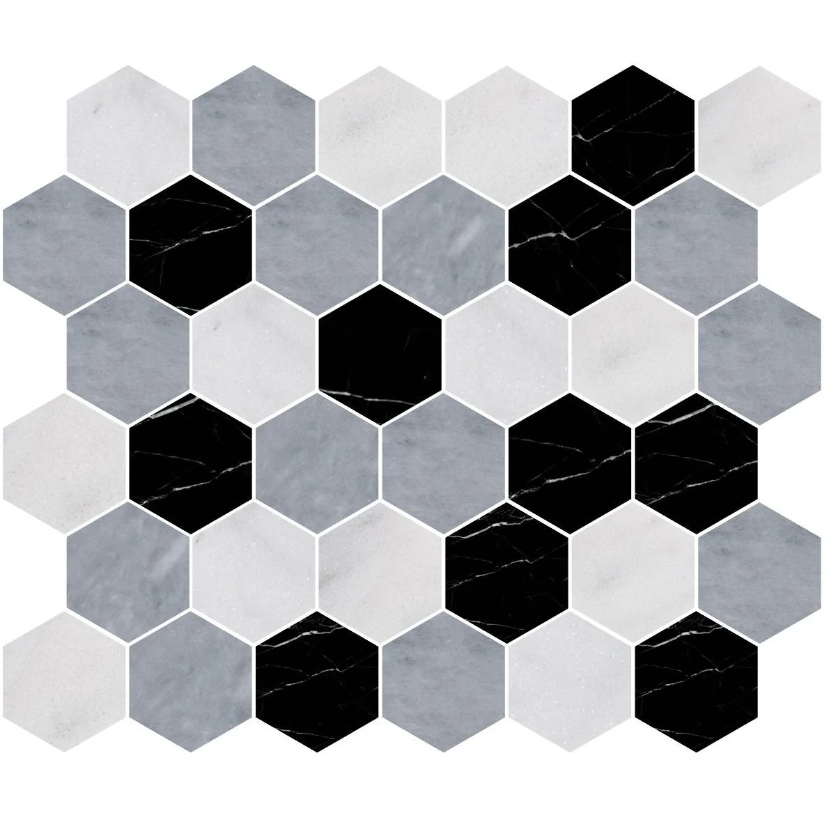 Hexagonal tile mosaic with shades of gray, black, and white marble patterns.