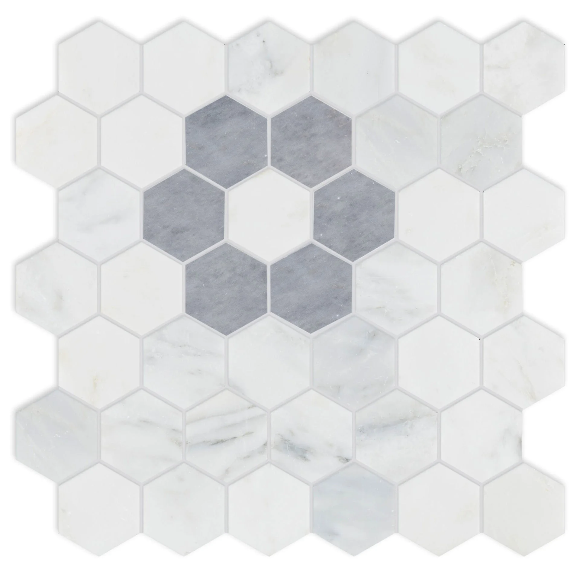 White and gray hexagonal marble tile pattern with a central cluster of darker gray tiles.