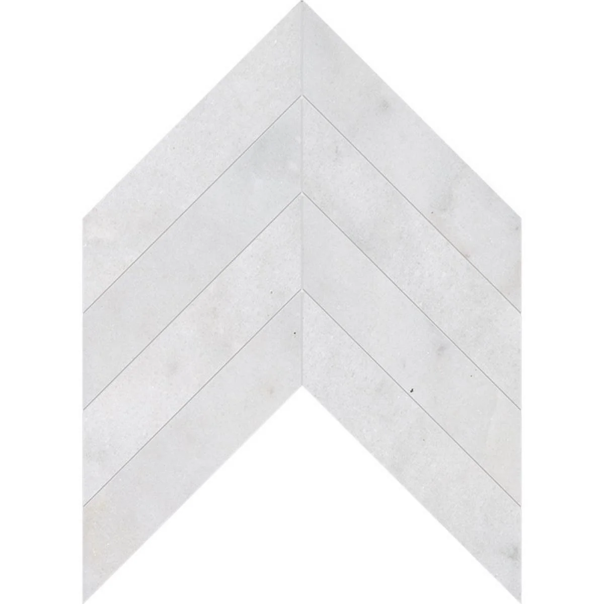 Close-up image of white marble tiles arranged in a chevron pattern.