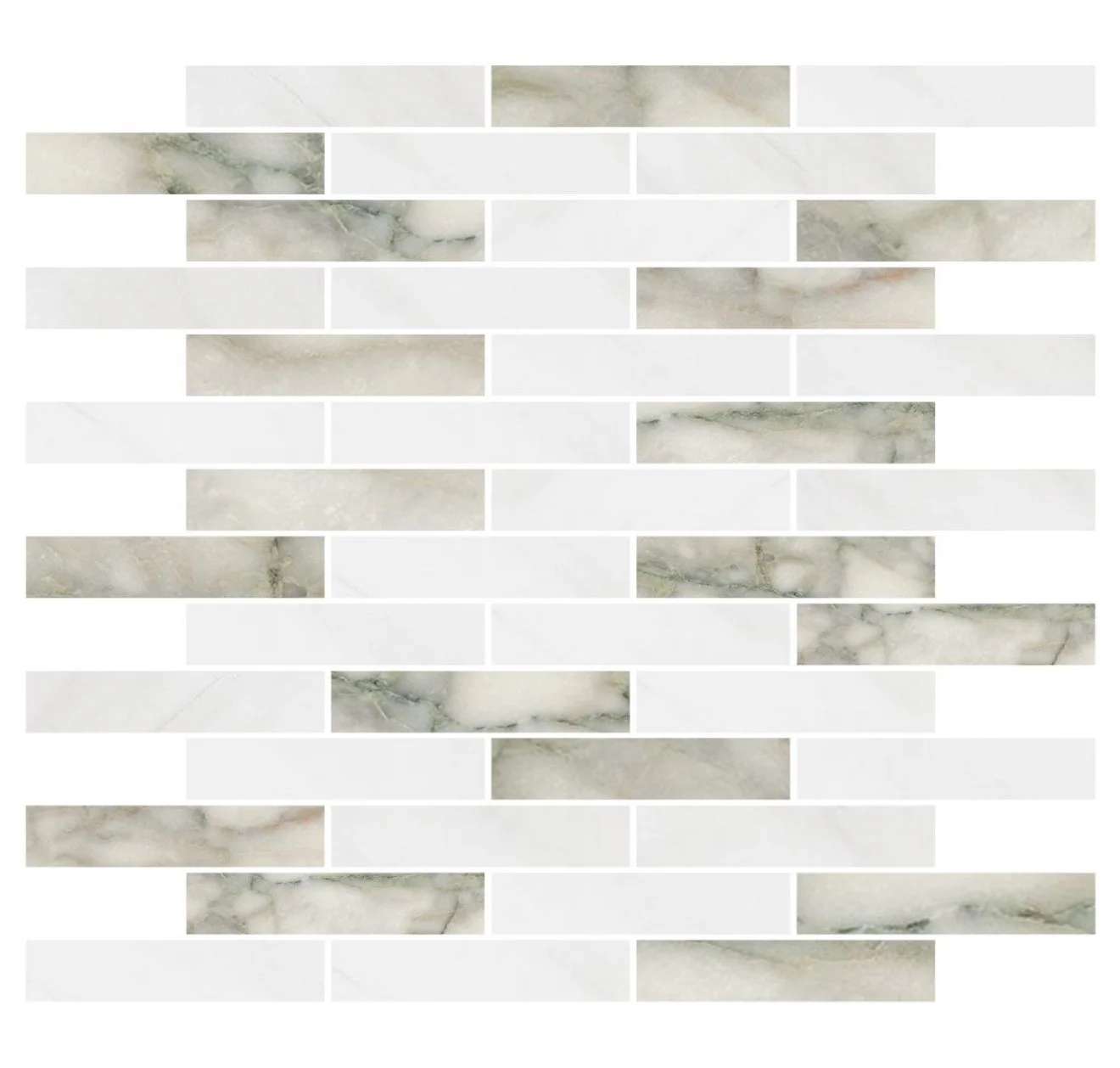 Marble mosaic tile pattern with mix of white and grey veins.