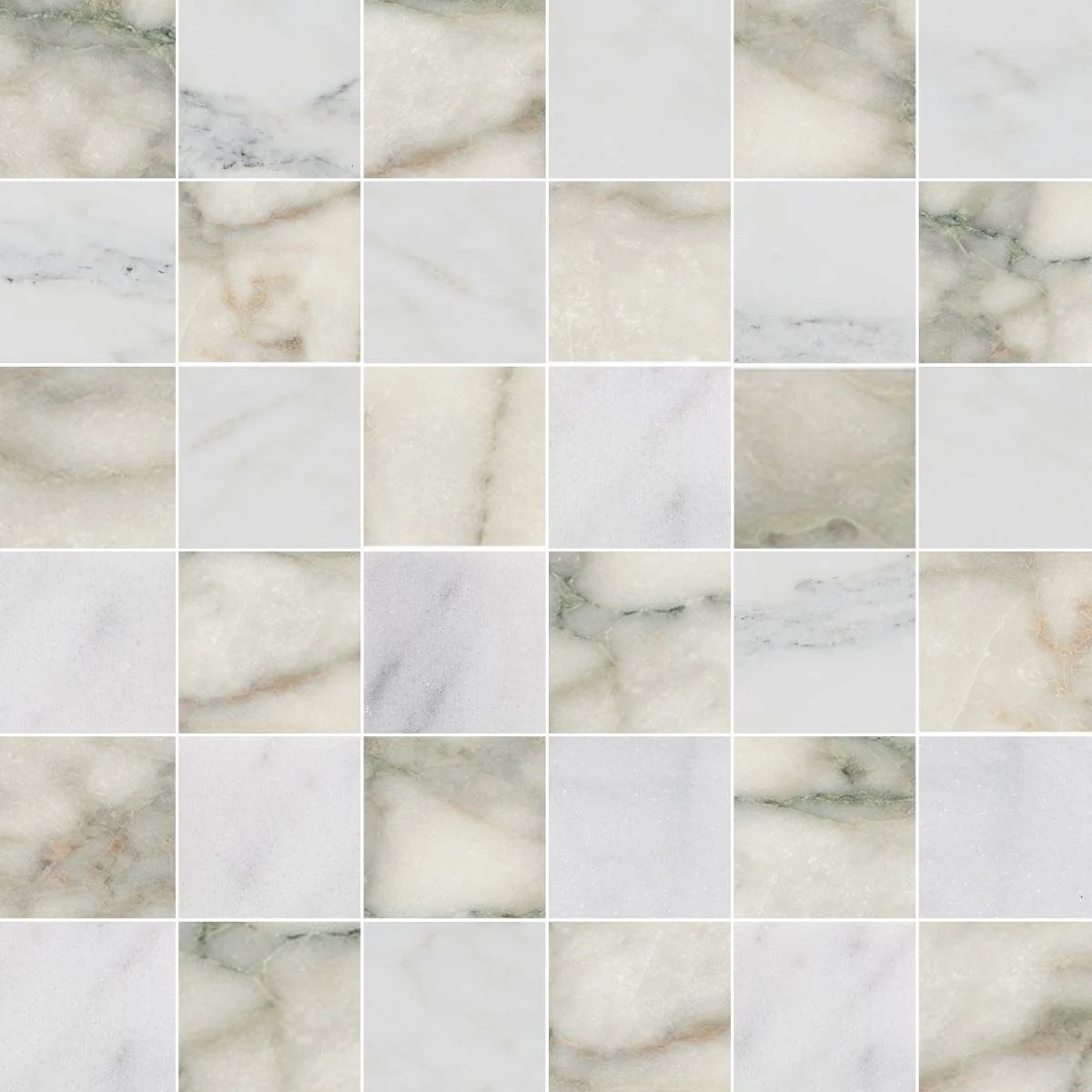 A collection of square marble tiles with various shades of white, cream, and gray, some with subtle veining and others with a more uniform appearance.